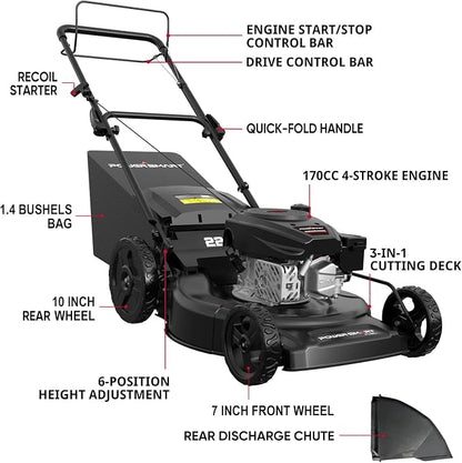 PowerSmart 22 in. 170cc Self Propelled Gas Lawn Mower Rear-Wheel-Drive, 3-in-1 Mulch/Bag/Rear Discharge, Steel Deck, 6 Height Adjustment