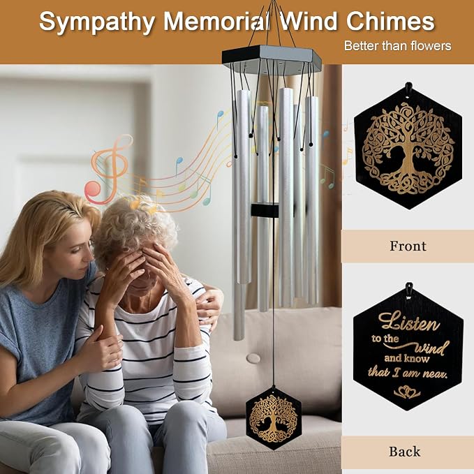 Wind Chimes for Outside, Sympathy Wind Chimes, Memorial Wind Chimes in Memory of Loved One, Sympathy Gift, Tree of Life Wind Chime Decor for Home Outdoor Garden Yard Patio 33" Silver