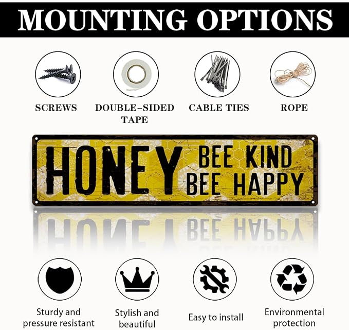 Honey Metal Tin Sign, Vintage Bee Decor, Rustic Farmhouse Wall Art, for Garden Yard Fence Porch Door, Indoor Outdoor Garden Decoration, Ideal for Bee Lovers, 15.7 x 3.9 Inches