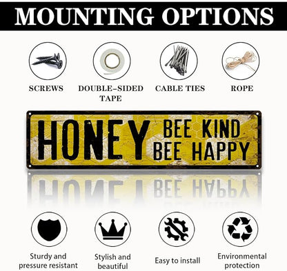 Honey Metal Tin Sign, Vintage Bee Decor, Rustic Farmhouse Wall Art, for Garden Yard Fence Porch Door, Indoor Outdoor Garden Decoration, Ideal for Bee Lovers, 15.7 x 3.9 Inches