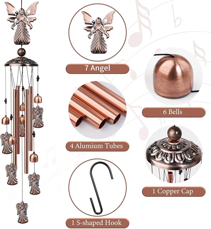 35" Angel Wind Chimes Outdoor Angel Gifts for Women/Men/Mom/Grandma Birthday Gifts Memorial Gift Metal WindChimes for Outside/Indoors, Home, Lawn, Porch, Patio, Garden Decor, Yard Decorations