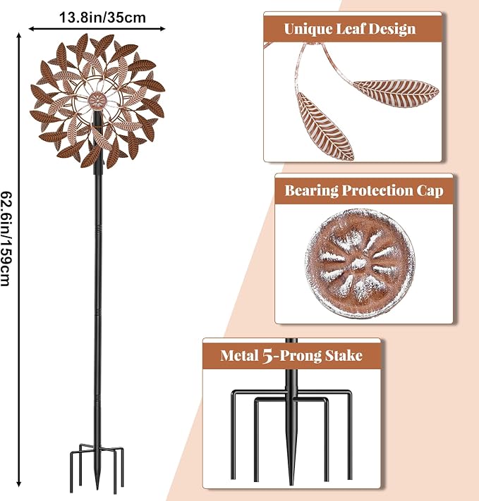 360° Wind Spinners Outdoor, Wind Sculptures Windmill with Metal Stake, Kinetic Large Metal Yard Art Decor Spinners Pinwheels for Garden Outside Patio Lawn, 63.2 * 13.2" (Rust Color)