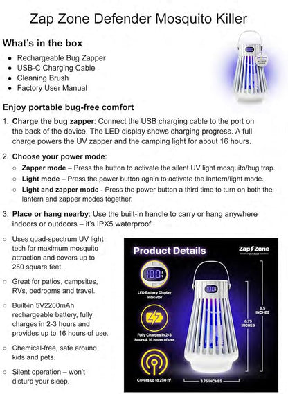 Zap Zone Defender Bug Zapper Outdoor Indoor, Rechargeable Mosquito Zapper with UV Light USB-C Electric Insect Trap Mosquito Repellent Outdoor Patio Camping Traps 3 Modes IPX5 Water Resistant Lantern