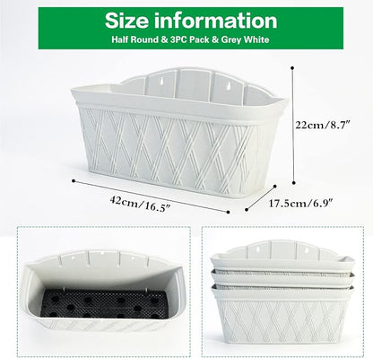 Sungmor 3 Pack Wall Hanging Planters, 16.5 Inch Railing Fence Hanging Flower Pots, Thickened Plastic Water Storage Plant Pot, Indoor Outdoor Garden Balcony Decor, Light Grey Large Plant Basket