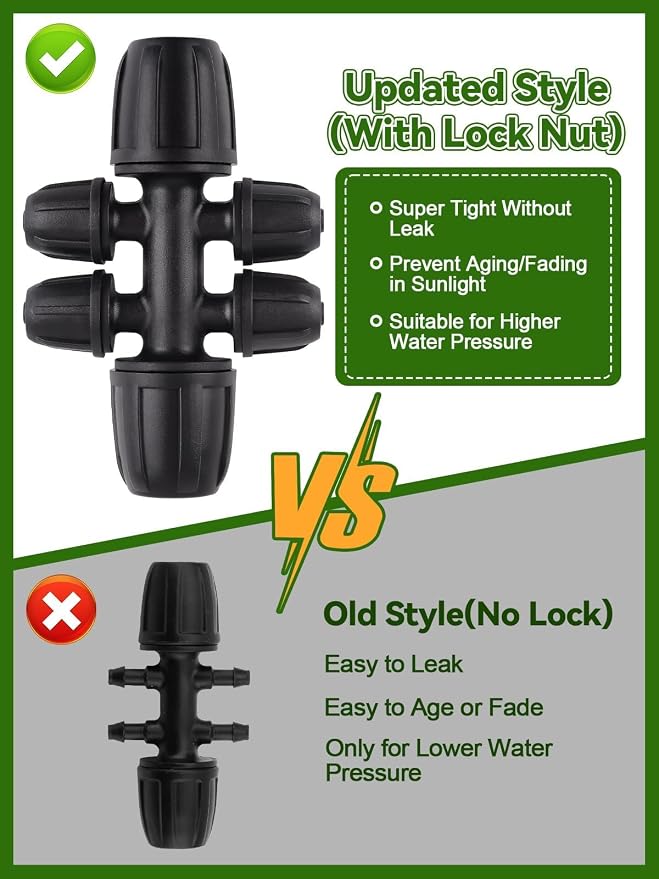 20PCS Locked Barbed Tee Connectors, Kalolary 5/16" to 1/4" Drip Irrigation Fittings Kit 8/12mm to 4/7mm Tube Lock Female Connector 6-Way Barbed Lock Irrigation Parts for Watering System (Black)