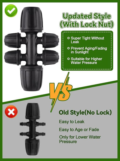 20PCS Locked Barbed Tee Connectors, Kalolary 5/16" to 1/4" Drip Irrigation Fittings Kit 8/12mm to 4/7mm Tube Lock Female Connector 6-Way Barbed Lock Irrigation Parts for Watering System (Black)