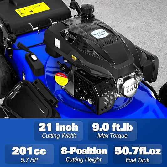 BILT HARD 21" Self Propelled Gas Lawn Mower – 201cc 4-Cycle OHV, 3-in-1 Bagging/Mulching/Side Discharge, 8 Adjustable Cutting Heights & Smooth Easy Start