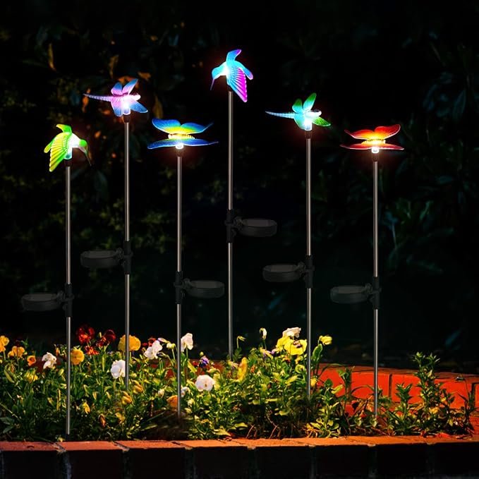6 Pack Solar Garden Stake Lights Outdoor, Yard Figurine Stake Light, Flower Hummingbird Dragonfly Butterfly for Patio Yard Pathway Decoration (Garden)