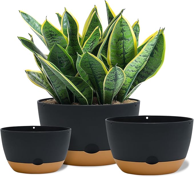 Koalaime 8/10/12 Inch Pots for Indoor Plants, Large Self Watering Planters with Drainage and Saucers, Plastic Outdoor Flower Pot, Set of 3, Grey