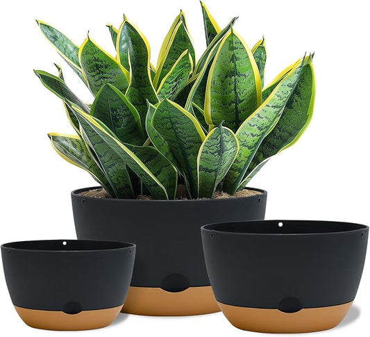 Koalaime 8/10/12 Inch Pots for Indoor Plants, Large Self Watering Planters with Drainage and Saucers, Plastic Outdoor Flower Pot, Set of 3, Grey