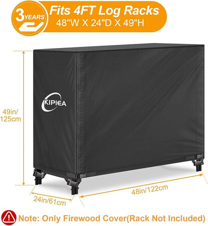 Kipiea 4FT Waterproof Firewood Storage Log Rack Cover, Heavy Duty 600D Outdoor Wood Storage Rack Cover with Buckles and Full-Length Hook & Loop Fastener, Tear-Resistant