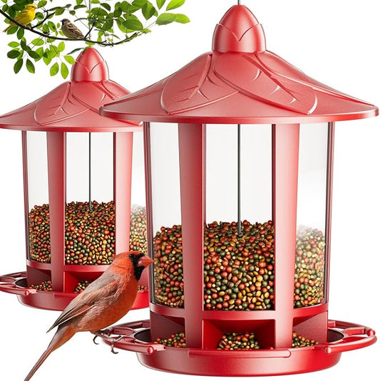 Birdream 2 Pack Bird Feeders for Outdoor Hanging, Assembly Required, 1-Min Easy Setup, Charming Castle Design, Attracting Cardinals Chickadees Goldfinches & Sparrows - Red