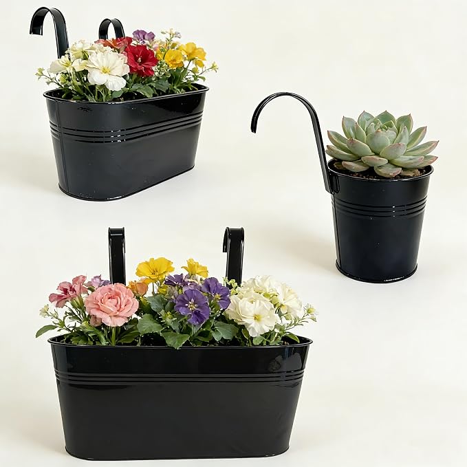 Set of 12 Balcony Hanging Planters, 4 Pcs 17" Metal Railing Flower Pots & 4 Pcs 12" Deck Planter & 4 Pcs 4" Fence Pot for Outdoor Patio Garden Décor, Black