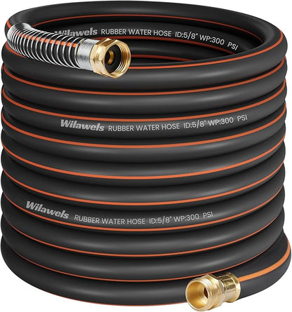 100FT x 5/8" Rubber Garden Hose, Heavy Duty Garden Water Hose, 300 PSI Working, 1000 PSI Burst, Swivel Handle with Stainless Steel Ring, 5-Layer Braided, All-Weather Outdoor Use, BG100GH06