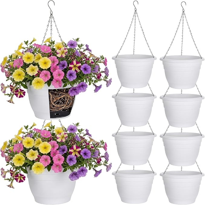 10 Pack 11 Inch Plastic Hanging Planter Bulk White Hanging Baskets for Plants with Drainage Trays Self Watering Plant Pot Outdoor Indoor Planter for Garden, Balcony, Porch, Patio Decor