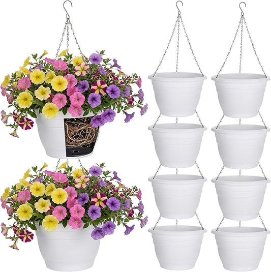 10 Pack 11 Inch Plastic Hanging Planter Bulk White Hanging Baskets for Plants with Drainage Trays Self Watering Plant Pot Outdoor Indoor Planter for Garden, Balcony, Porch, Patio Decor