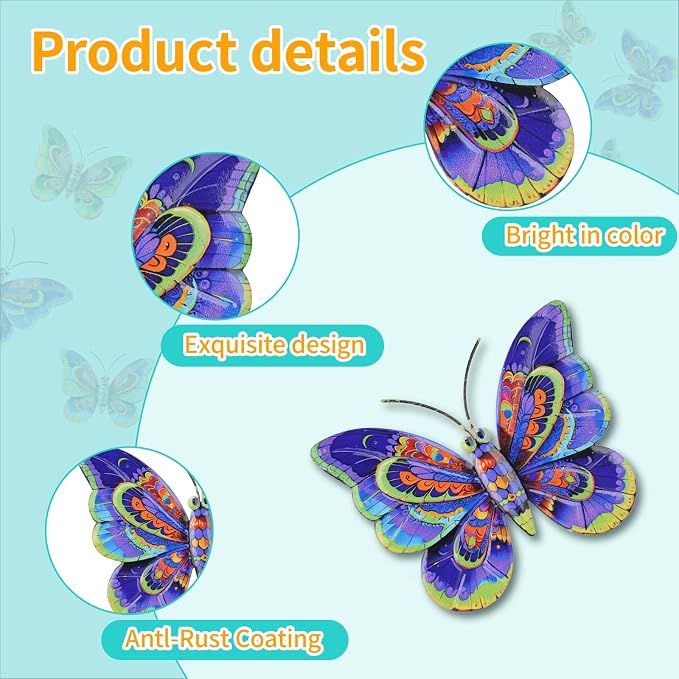 Junware 8 Pieces Metal Butterfly Wall Art Decor - 5.9" Outdoor Fence Wall Sculpture Decor, Hanging Decoration for Garden Yard Living Room Bedroom Patio Balcony, Nice Gift for Mom Friend