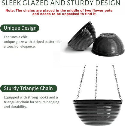 Vanslogreen 2 Pack Hanging Planters for Indoor Outdoor Plants, 10 Inch Hanging Planter with Drainage Hole & Plug Glazed Hanging Baskets Flower Pots for Garden Home (Black)
