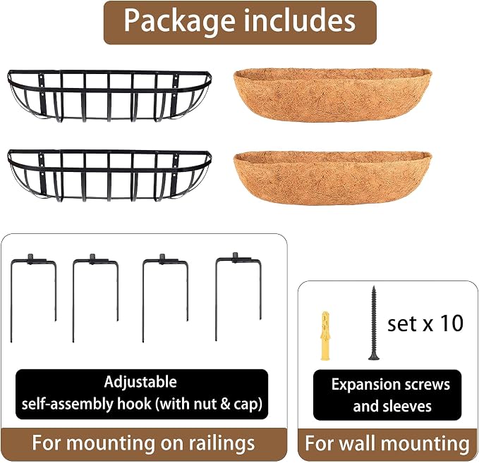 30 Inch Window Baskets with Coconut Liner Outdoor Wall Planter for Plants Long Window Flower Box for Porch Fence Patio Outdoor（2 Pack）