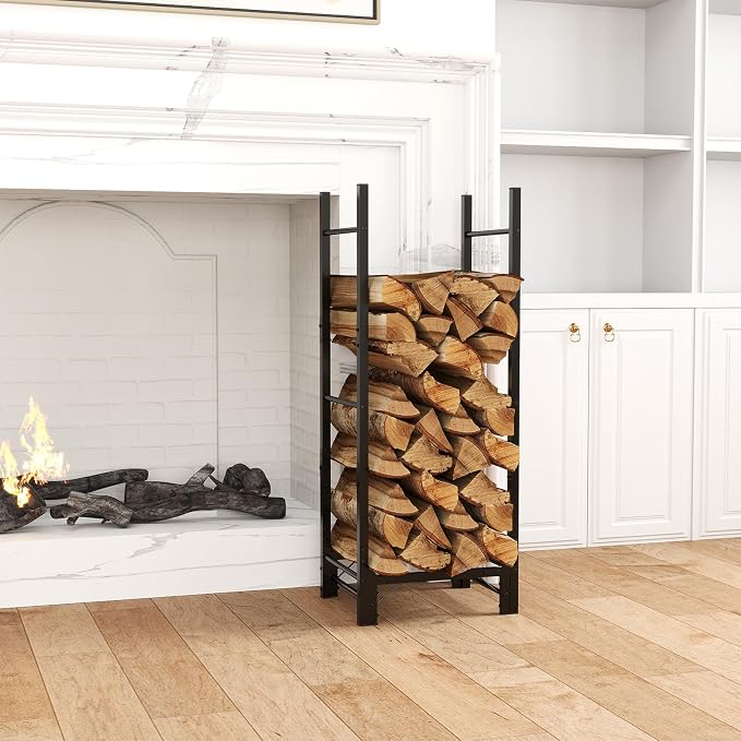 Helios&Hestia 8Ft Outdoor Firewood Rack for Fireplace, Heavy Duty Steel Log Holder, Indoor Wood Pile Storage Organizer, Adjustable Stacker Stand, Black