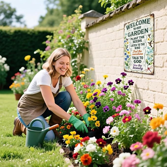 Garden Metal Tin Sign,Welcome To Our Garden Sign | Vintage Funny Wall Art for Outdoor Garden Wall Decor,Gifts for Plant Lovers Women Gardeners