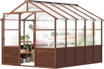 Jocoevol 8x10ft Outdoor Greenhouse, Wooden Frame Polycarbonate Greenhouse with Adjustable Roof Vents and Lockable Door Handle, Walk-in Greenhouse Perfect for Backyard and Garden