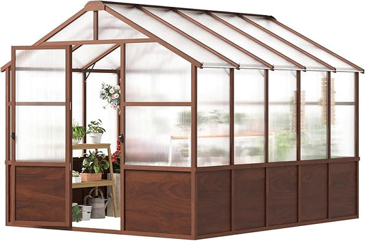 Jocoevol 8x10ft Outdoor Greenhouse, Wooden Frame Polycarbonate Greenhouse with Adjustable Roof Vents and Lockable Door Handle, Walk-in Greenhouse Perfect for Backyard and Garden