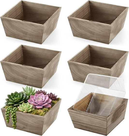 Dandat 6 Set Wooden Centerpiece Box for Wedding Table Decor 8 Inch Rustic Wood Planter Box with Removable Plastic Liner Flower Boxes for Party Wedding Baby Shower Home Garden Decor(Brown)