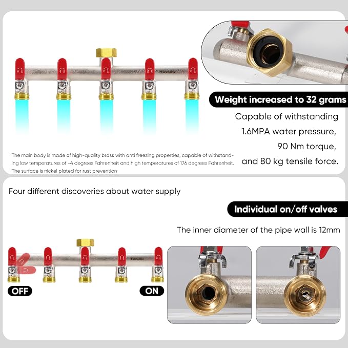 5 Way Garden Hose Splitter, Heavy Duty Brass Nickel Plated Rust Resistant Faucet Manifold, 3/4" Frost Resistant Outdoor Hose Adapter Connector，Hose Spigot Adapter with 5 large red handles