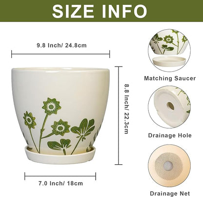 MPotTo Ceramic Plant Pot 10 Inch - Ceramic Planter for Indoor Outdoor Plants, Decorative Boho Round Planter with Drainage Hole and Saucer, Housewarming Gifts, Office Garden Home Decor, White