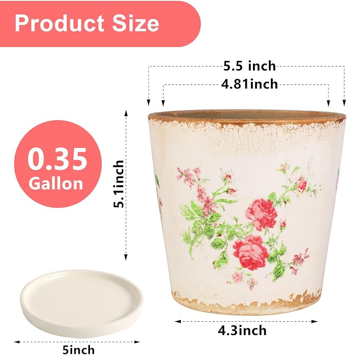 Ceramic Flower Pots For Indoor Plant, 5.5 Inch Small Ice Crack Plant Pots With Drainage Hole & Saucer, Decorative Vintage Planters For Succulent Herb Cactus Mint Basil, Garden Pot For Home Decor