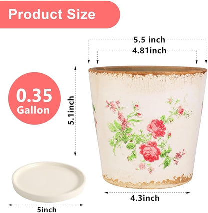 Ceramic Flower Pots For Indoor Plant, 5.5 Inch Small Ice Crack Plant Pots With Drainage Hole & Saucer, Decorative Vintage Planters For Succulent Herb Cactus Mint Basil, Garden Pot For Home Decor
