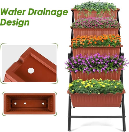 Suyncll 2 Pack Vertical Raised Garden Bed, 5 Tiers Elevated Planter Box with Drainage System and 4 Hooks, 4FT Vertical Planter for Herbs Vegetables Flowers, Dark Red