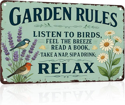 PEACHGARDEN Garden Rules Decor Yard Art Garden Wall Art Decor Vintage Metal Sign Rustic Tin Sign for Patio She Shed Backyard 12x16 inch