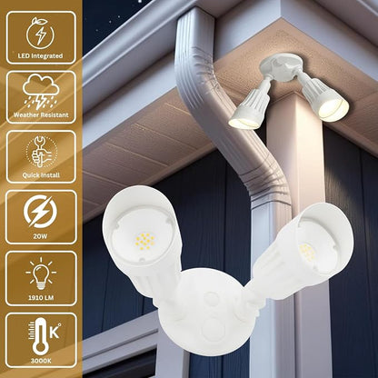 LED White 2-Light Bullet Flood Light- 3000K Adjustable Dual Head Hardwired Outdoor Security Light, Waterproof Spot Light for Yard, Patio, Garden, Garage, Landscape & Exterior Walls