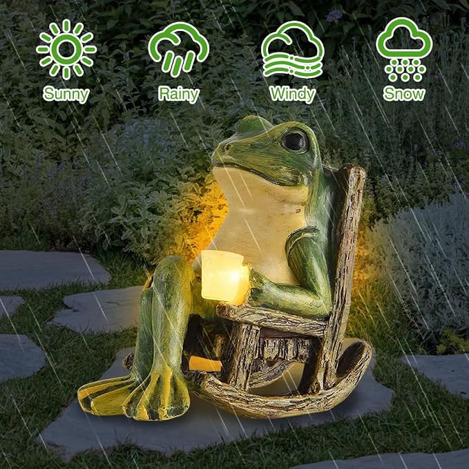 Banax Solar LED Frog Garden Outdoor Decor, Waterproof LED Garden Solar Ornaments Outdoor, Rocking Chair Frog Statue Decoration, Funny Outdoor Lights for Patio