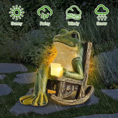 Banax Solar LED Frog Garden Outdoor Decor, Waterproof LED Garden Solar Ornaments Outdoor, Rocking Chair Frog Statue Decoration, Funny Outdoor Lights for Patio