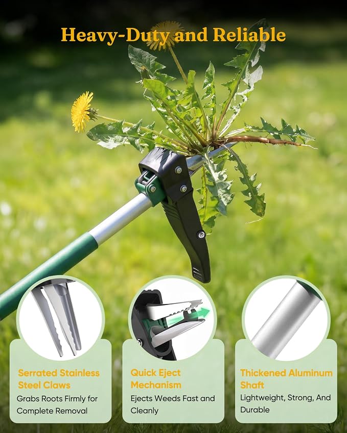 Grenebo Stand Up Weed Puller Tool, Claw Garden Weed Removal Tool with Eject Mechanism, Heavy-Duty Manual Weeder, Root Weed Remover Tool for Dandelion, Crabgrass & Weeds, Without Bending, or Kneeling