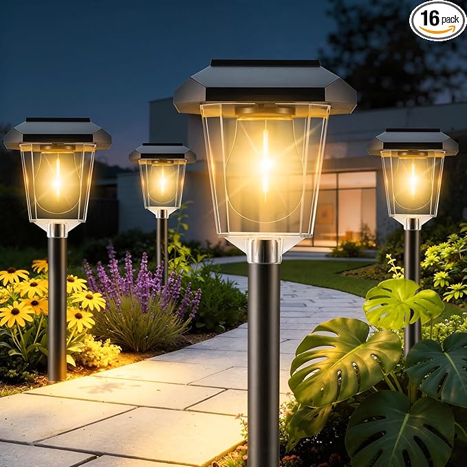 16Pack Solar Pathway Lights Outdoor, Warm White LED Waterproof Solar Lights | Garden Light Solar Powered, Long Lasting, Auto On/Off, 3000K, Stake Landscape Lighting for Outside, Walkway, Lawn, Yard Decor