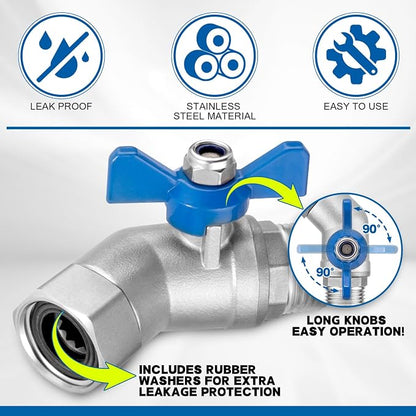 Heavy Duty 304 Stainless Steel 45 Degree Hose Elbow Connector, 3/4" GHT 45 Degree Garden Hose Elbow with Shut-Off Valve for Backyard, Garden Hoses, Outdoor Faucets, RVs(2 Packs)