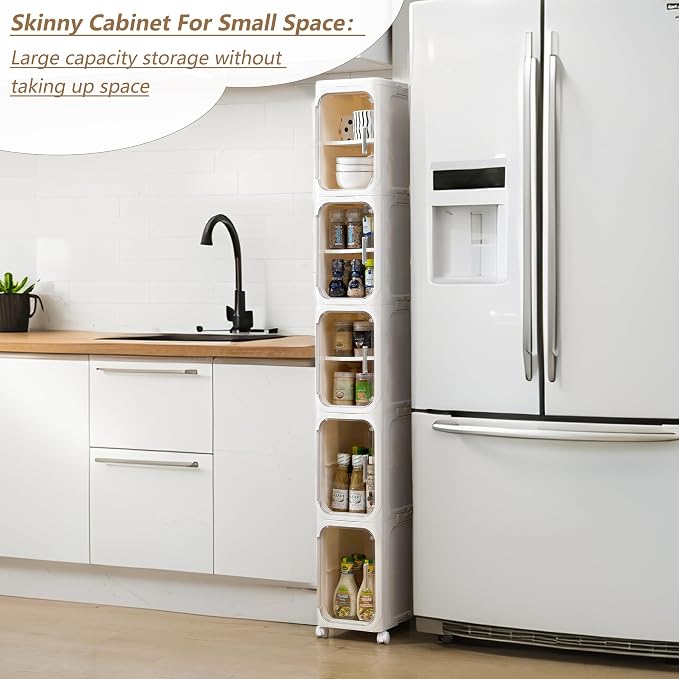 LXLXXL 4-Tier Narrow Storage Cabinet Slim Bathroom Storage Cabinet with Movable Wheels Tall Bathroom Organizer Skinny Cabinet for Small Spaces，Beige