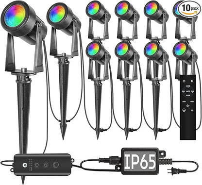 SUNTHIN Outdoor Landscape Lighting with Dusk to Dawn Sensor Controller & Remote, RGBW Color Changing Spot Uplights,10 Pack