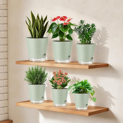 QRRICA 5/5.5/6/6.5/7/8 inch Self Watering Pot Set, Visible Water Level Planter with Transparent Reservoir & Drainage Holes, Plastic Flower Pots with Cotton Rope for Indoor/Outdoor Use (Green)