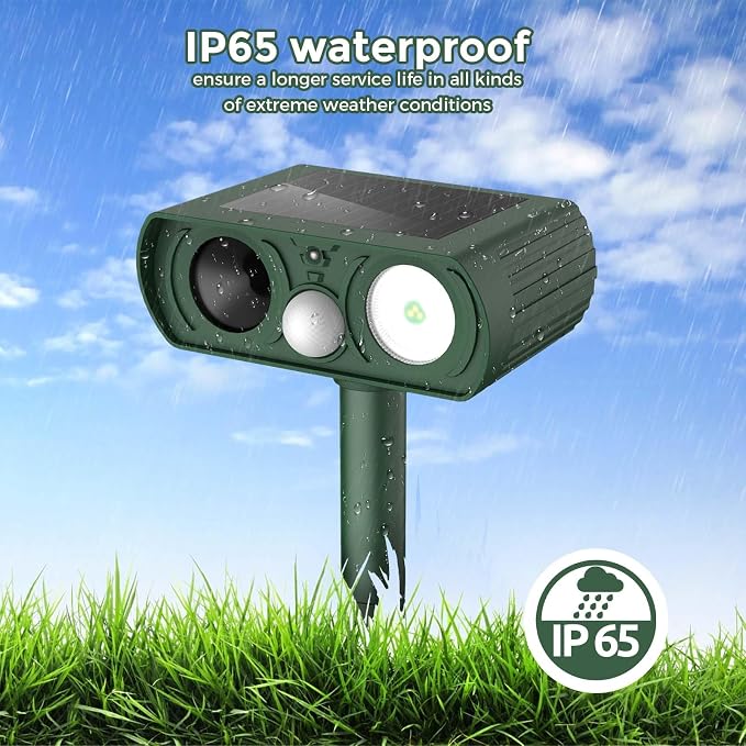 Upgraded Solar Ultrasonic Animal Repellent Outdoor, Deer Repellent Devices Squirrel Cat Raccoon Rabbit Dog Deterrent, Keep Skunk Away Motion Detection with Flash Light for Yard Garden Lawn 1PACKGreen