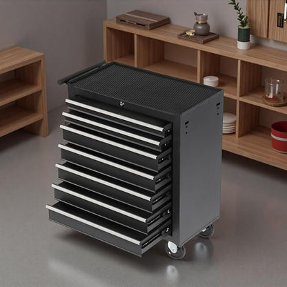 Tool Chest, 7-Drawers Rolling Tool Box with Rotate Handle & Wheels, Lockable Multifunctional Tool Cart, Suitable for Garages, Workshop, Warehouse,