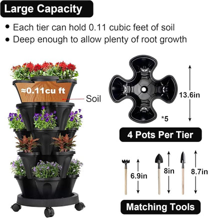 GameXcel Vertical Planter Tower - 5 Tier Stackable Garden Planters with Wheels and Tools Plant Pots for Strawberry Herb Flower and Vegetable Indoor Outdoor Use Black