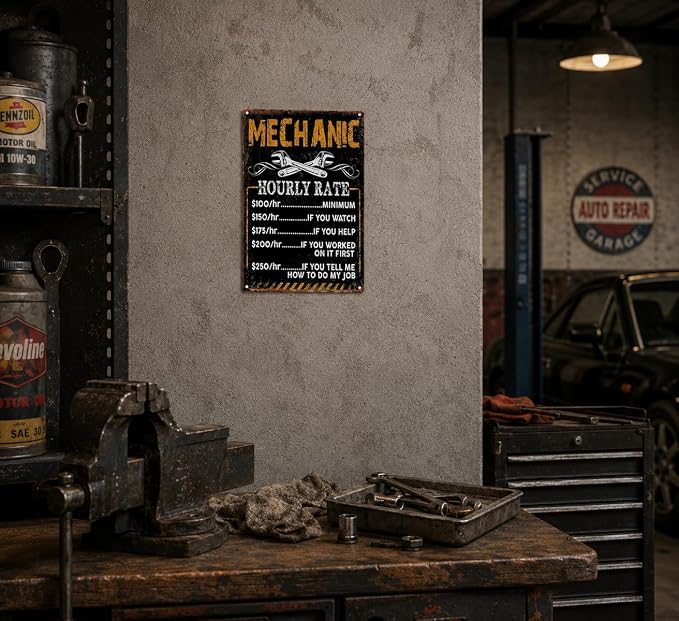 Mechanic Hourly Rate Funny Metal Sign, Vintage Garage Wall Decor, Retro Wrench Mechanic Themed Plaque for Man Cave Workshop Auto Shop Car Enthusiast Decor 8x12 Inch