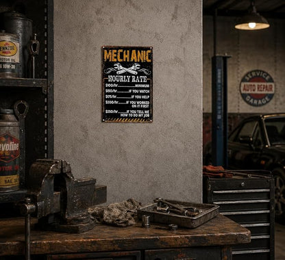 Mechanic Hourly Rate Funny Metal Sign, Vintage Garage Wall Decor, Retro Wrench Mechanic Themed Plaque for Man Cave Workshop Auto Shop Car Enthusiast Decor 8x12 Inch