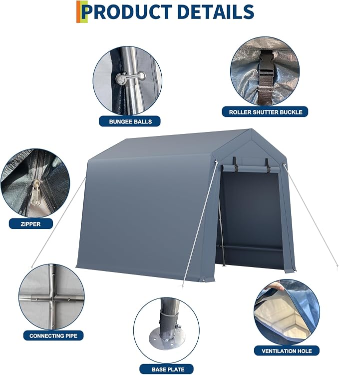 7x12 ft Outdoor Storage Shed, Portable Carport with Roll-up Ventilated Zipper Door and Windows, Heavy Duty Waterproof Tarp, Storage Sheds for Motorcycle, Bike, Firewood, Garden Tools