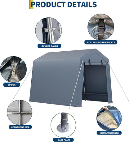 7x12 ft Outdoor Storage Shed, Portable Carport with Roll-up Ventilated Zipper Door and Windows, Heavy Duty Waterproof Tarp, Storage Sheds for Motorcycle, Bike, Firewood, Garden Tools